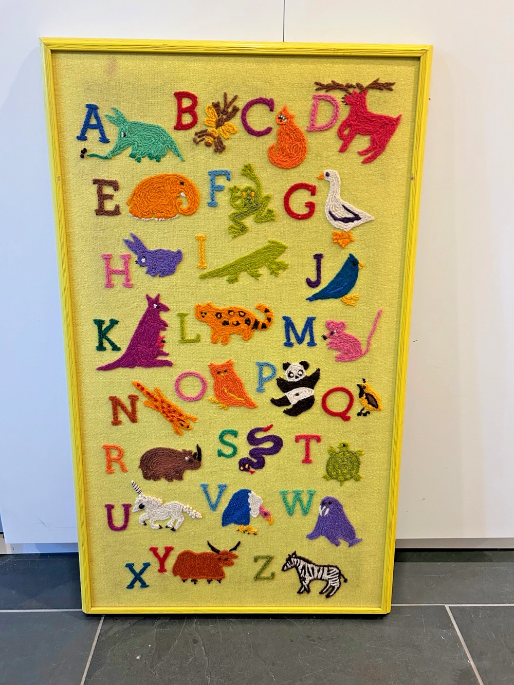 Vintage Handmade Crewel Wool Alphabet Animal Sampler Framed Nursery Art 20x36